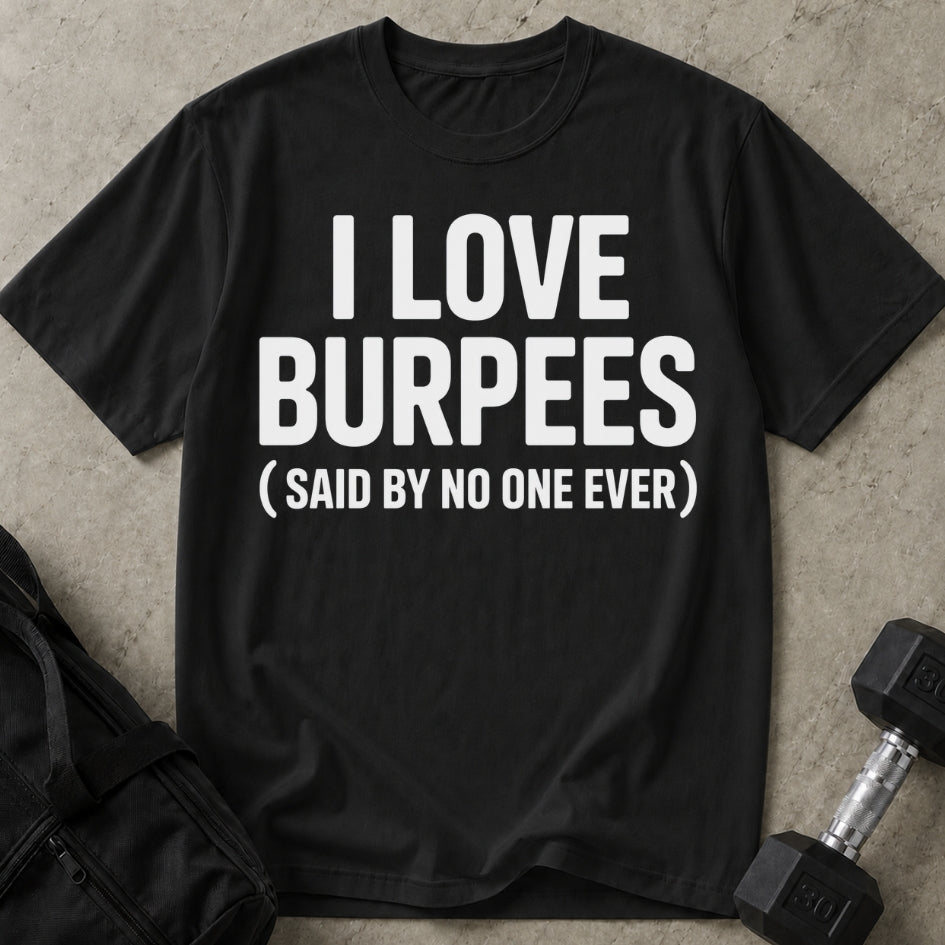 Model wearing the I Love Burpees funny gym t-shirt by Lift Society