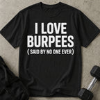Model wearing the I Love Burpees funny gym t-shirt by Lift Society