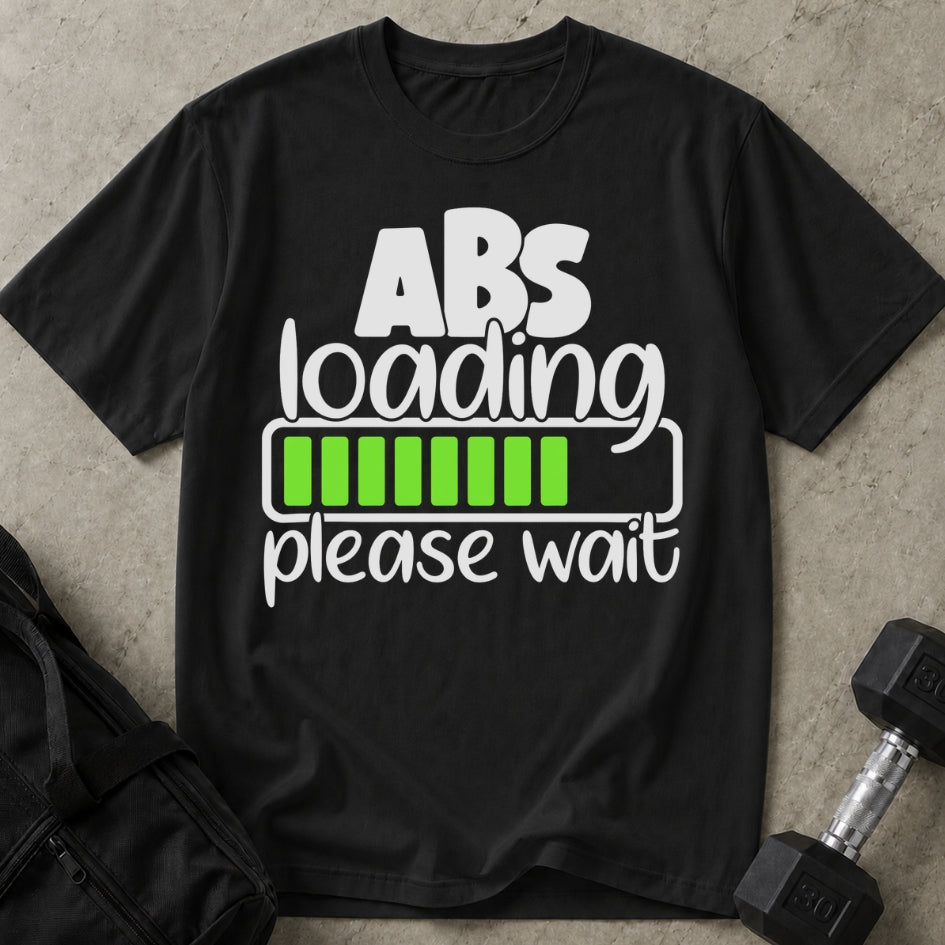 Model wearing the Abs Loading funny gym t-shirt by Lift Society