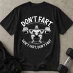 Model wearing the Don't Fart funny gym t-shirt by Lift Society