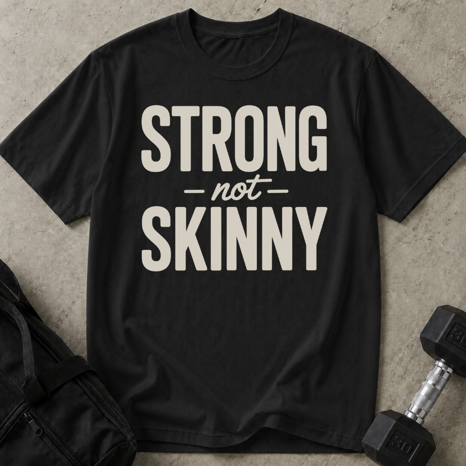 Model wearing the Strong Not Skinny funny gym t-shirt by Lift Society