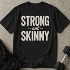 Model wearing the Strong Not Skinny funny gym t-shirt by Lift Society