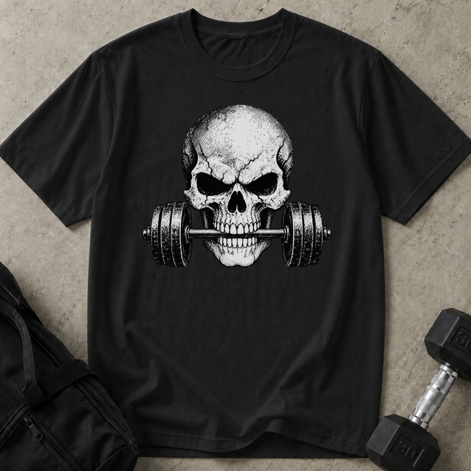 Model wearing the Skull Graphic funny gym t-shirt by Lift Society