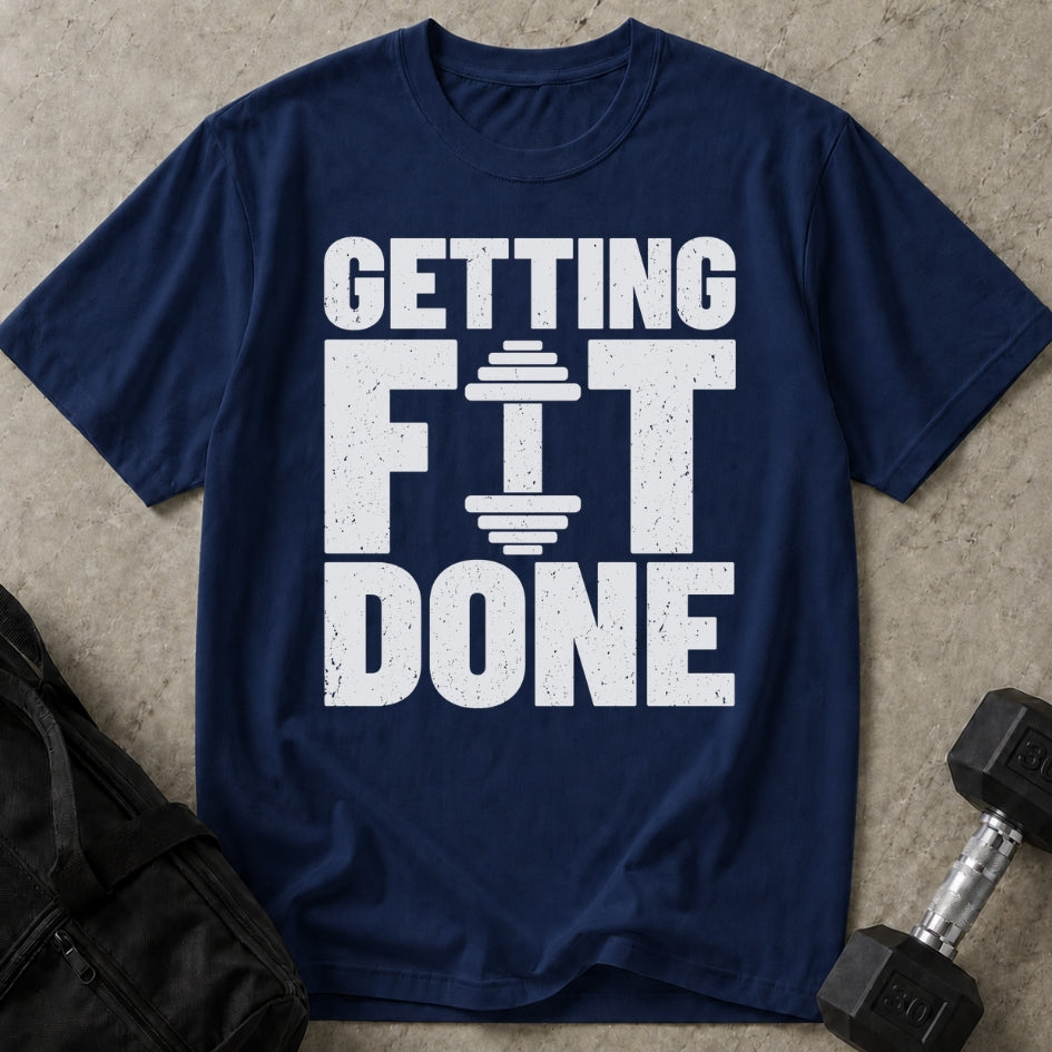 Model wearing the Getting Fit Done funny gym t-shirt by Lift Society
