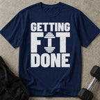 Model wearing the Getting Fit Done funny gym t-shirt by Lift Society