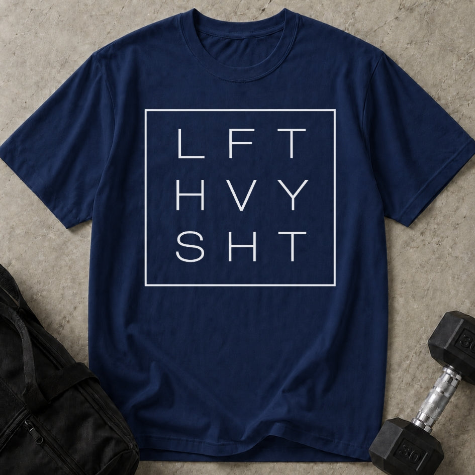 Model wearing the Lift Heavy Sh*t funny gym t-shirt by Lift Society