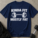 Model wearing the Kinda Fit Mostly Fat funny gym t-shirt by Lift Society