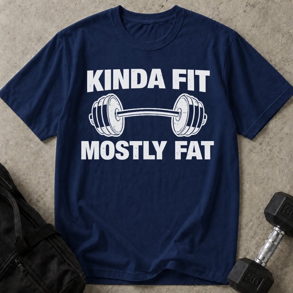 Model wearing the Kinda Fit Mostly Fat funny gym t-shirt by Lift Society