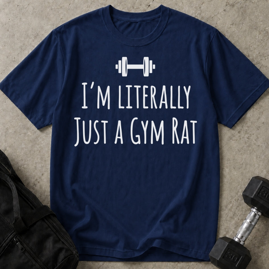 Model wearing the Just A Gym Rat funny gym t-shirt by Lift Society