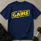 Model wearing the May The Gains Be With You funny gym t-shirt by Lift Society
