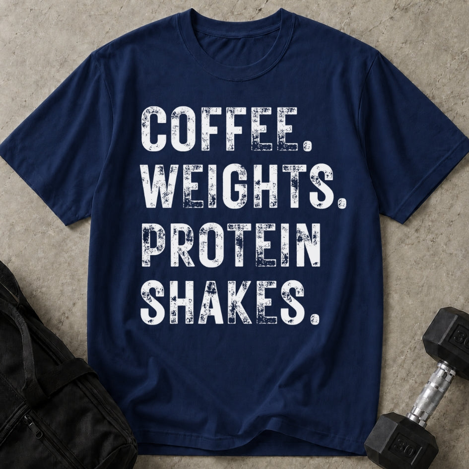 Model wearing the Coffee Weights & Protein Shakes funny gym t-shirt by Lift Society
