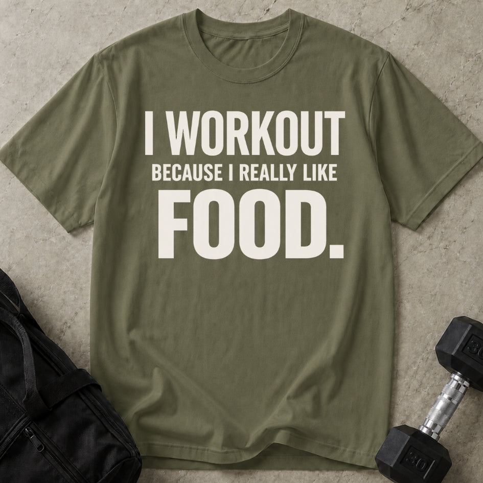 Model wearing the I Really Like Food funny gym t-shirt by Lift Society