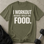 Model wearing the I Really Like Food funny gym t-shirt by Lift Society