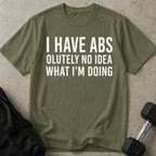 Model wearing the I Have Abs funny gym t-shirt by Lift Society