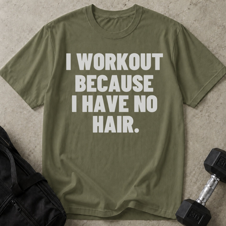 Model wearing the I Have No Hair funny gym t-shirt by Lift Society
