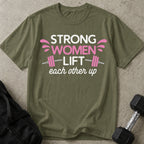 Model wearing the Strong Women funny gym t-shirt by Lift Society