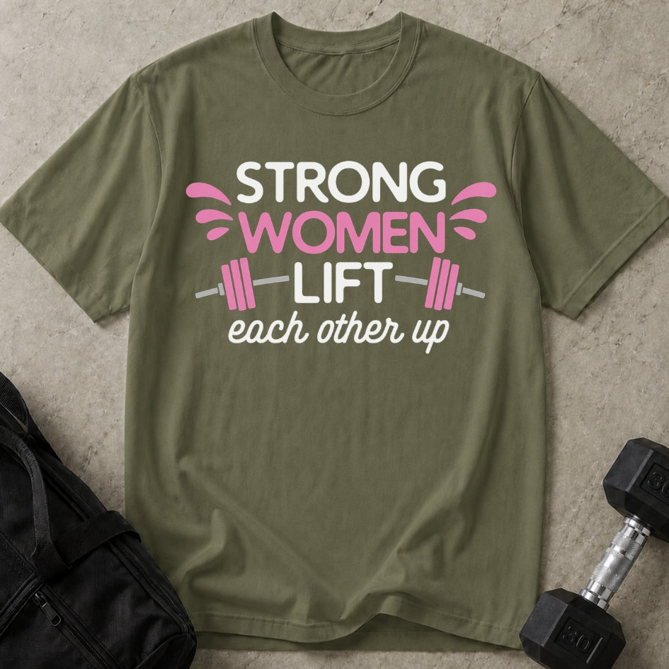 Model wearing the Strong Women funny gym t-shirt by Lift Society
