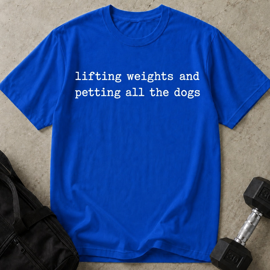 Model wearing the Petting The Dogs funny gym t-shirt by Lift Society