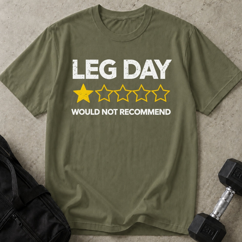 Model wearing the Leg Day 1-Star funny gym t-shirt by Lift Society