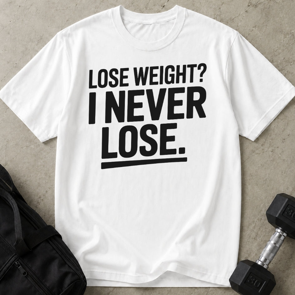 Model wearing the I Never Lose funny gym t-shirt by Lift Society