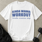 Model wearing the Kinda Wanna Nap funny gym t-shirt by Lift Society