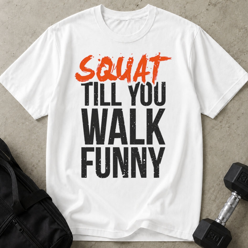 Model wearing the Squat Till You Walk Funny funny gym t-shirt by Lift Society