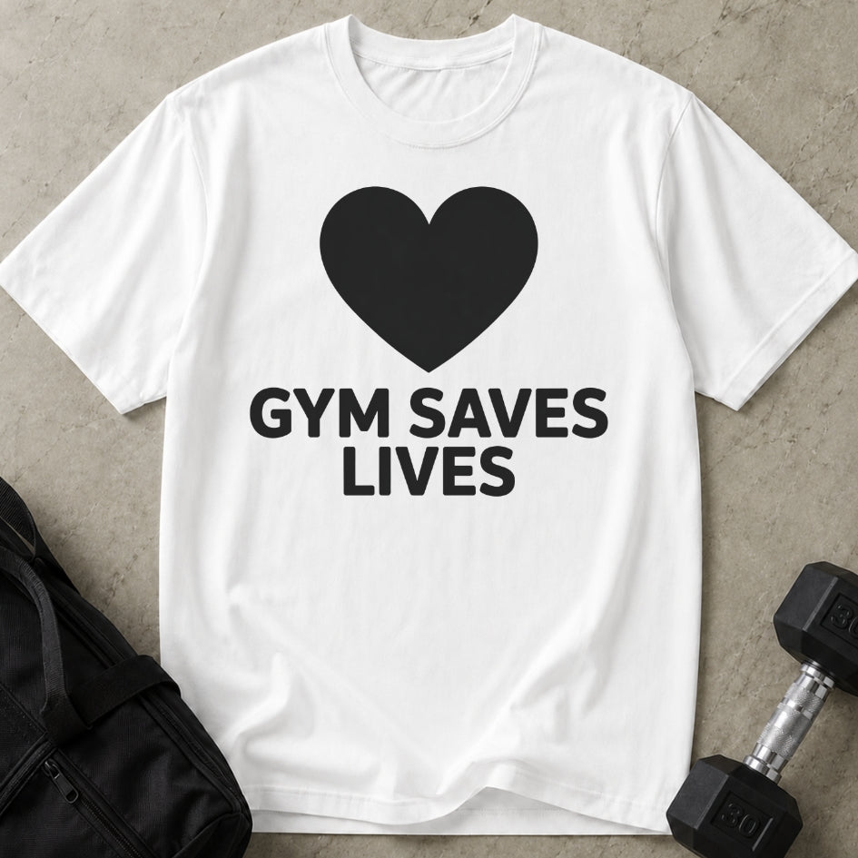 Model wearing the Gym Saves Lives funny gym t-shirt by Lift Society