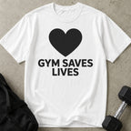 Model wearing the Gym Saves Lives funny gym t-shirt by Lift Society