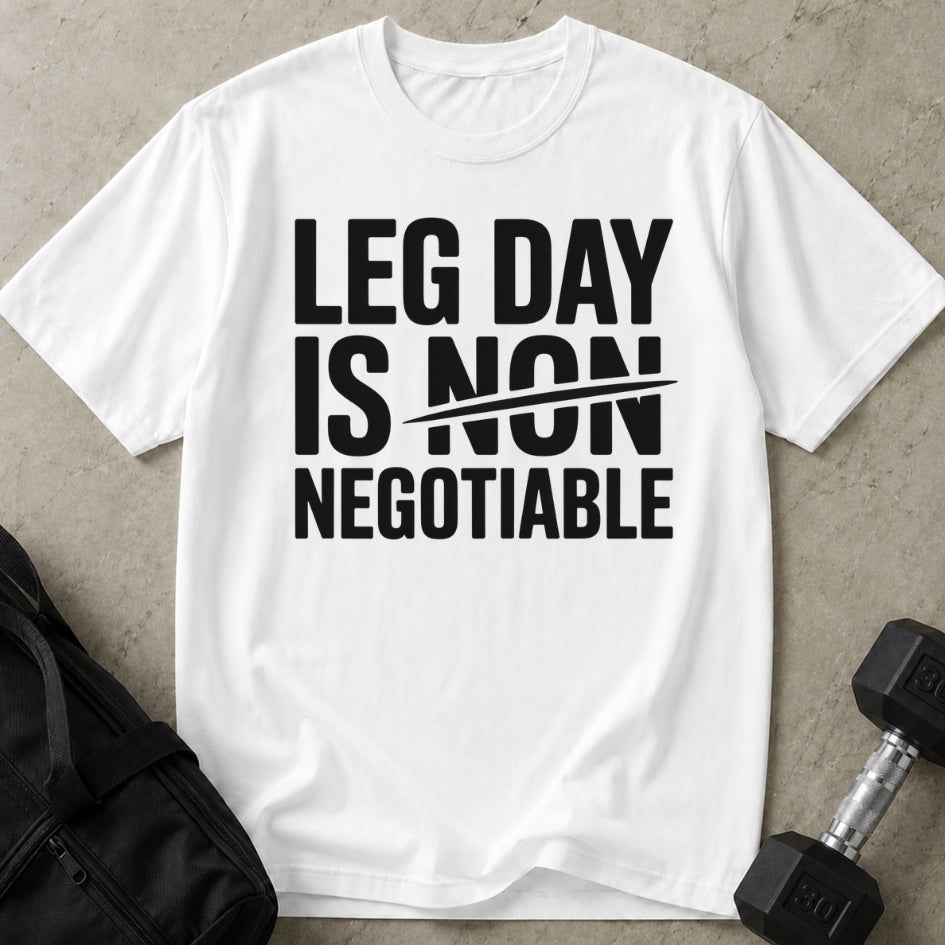 Model wearing the Leg Day Is Negotiable funny gym t-shirt by Lift Society