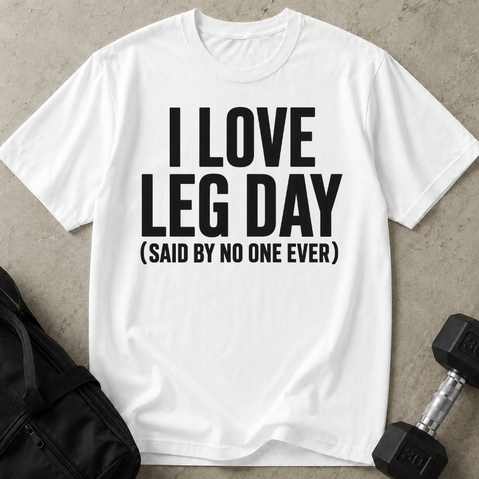 Model wearing the I Love Leg Day funny gym t-shirt by Lift Society