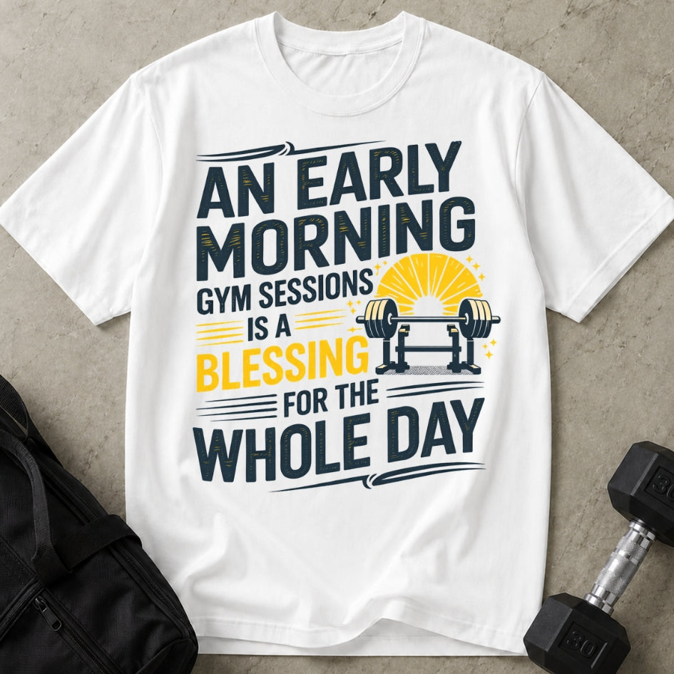 Model wearing the Gym Is A Blessing funny gym t-shirt by Lift Society