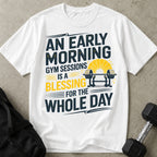 Model wearing the Gym Is A Blessing funny gym t-shirt by Lift Society