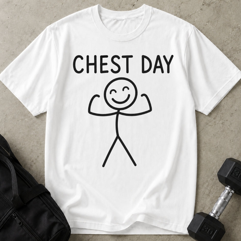 Model wearing the Chest Day funny gym t-shirt by Lift Society