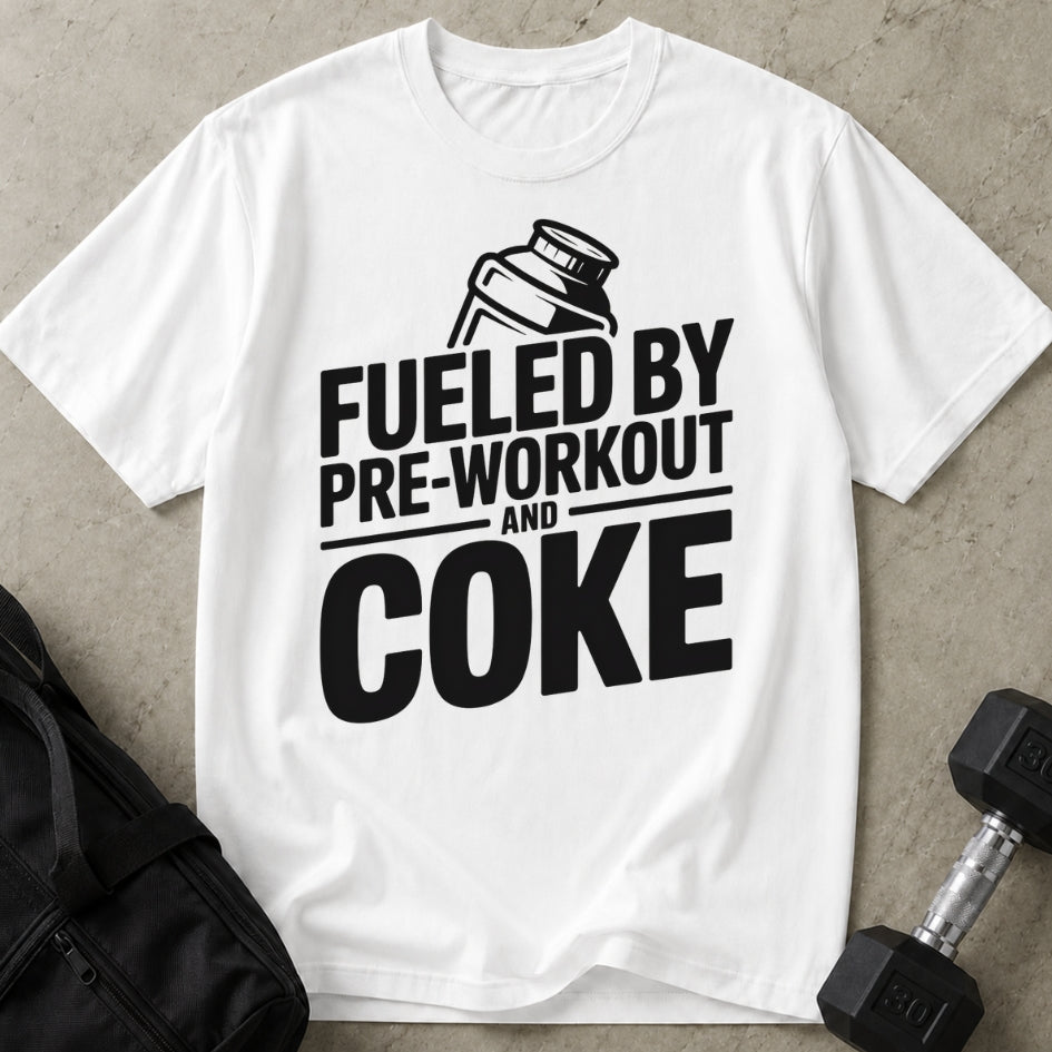 Model wearing the Fueled By Coke funny gym t-shirt by Lift Society