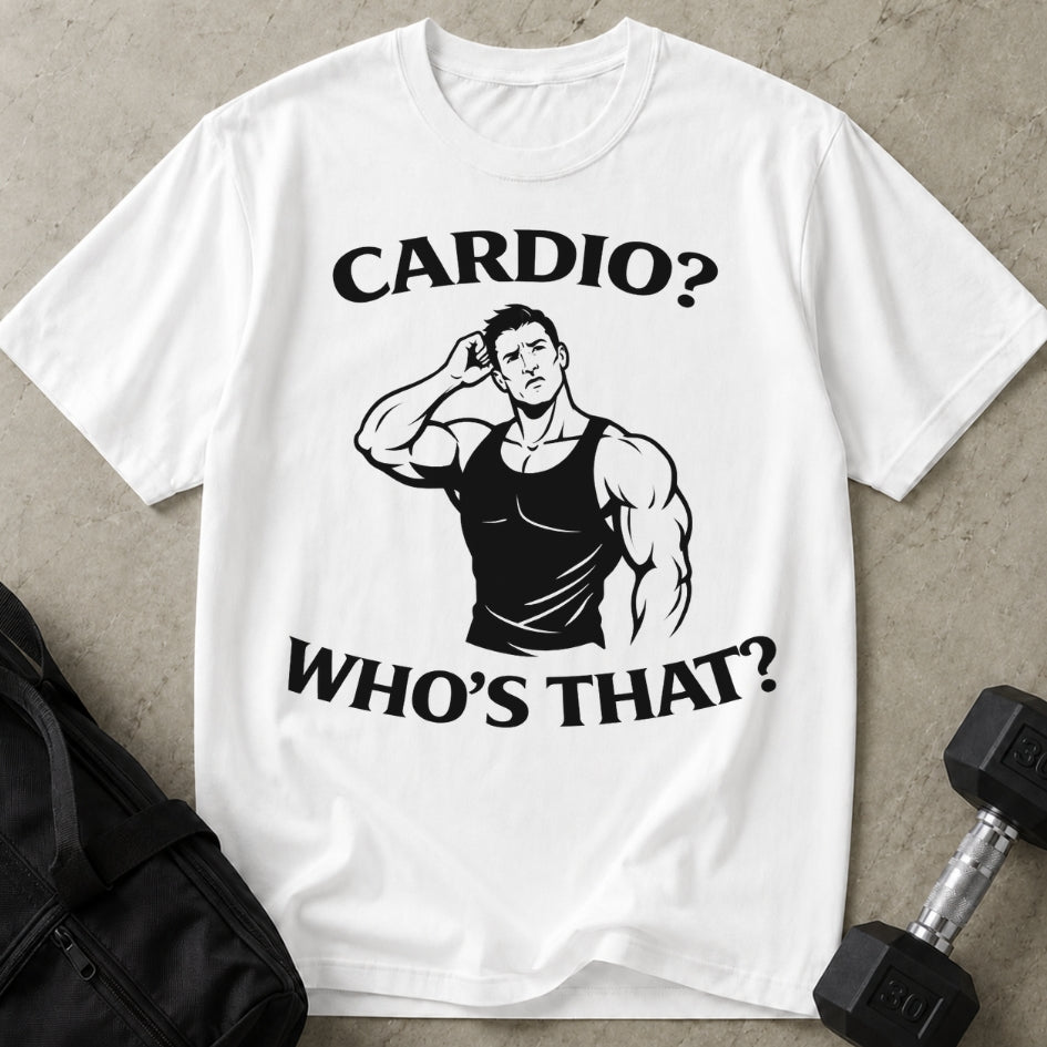 Model wearing the Cardio? Who's That funny gym t-shirt by Lift Society