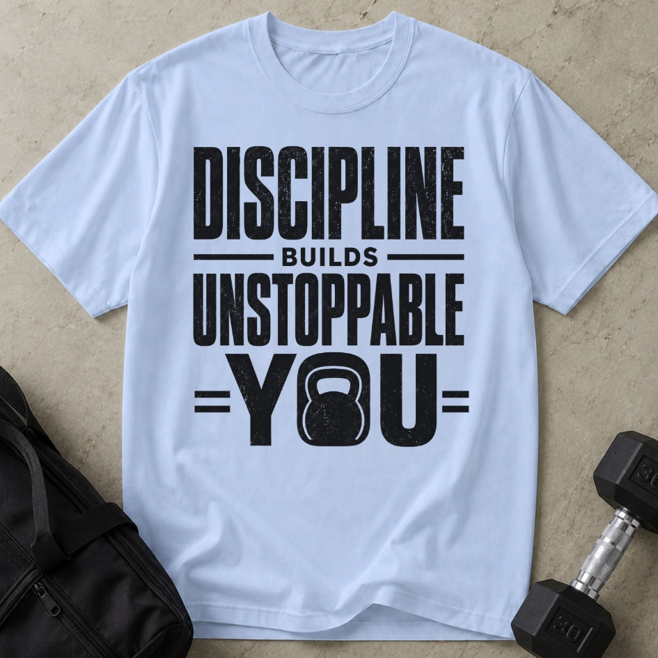 Model wearing the Discipline funny gym t-shirt by Lift Society