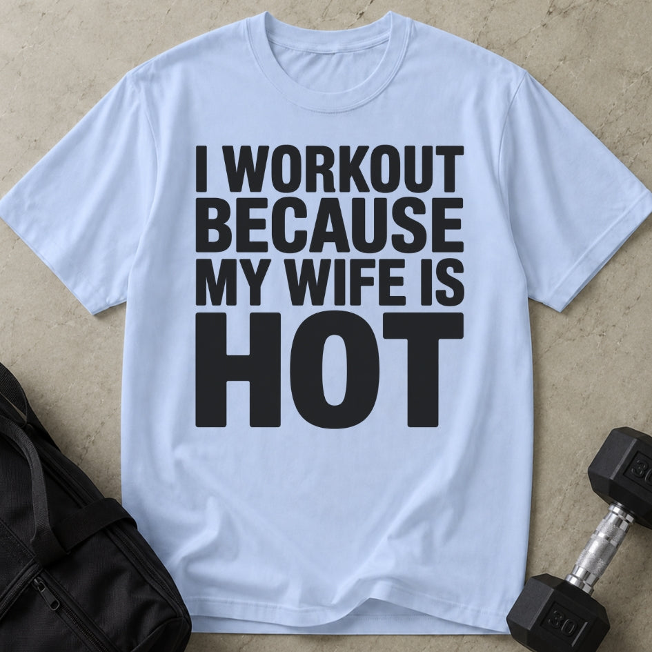 Model wearing the My Wife Is Hot funny gym t-shirt by Lift Society