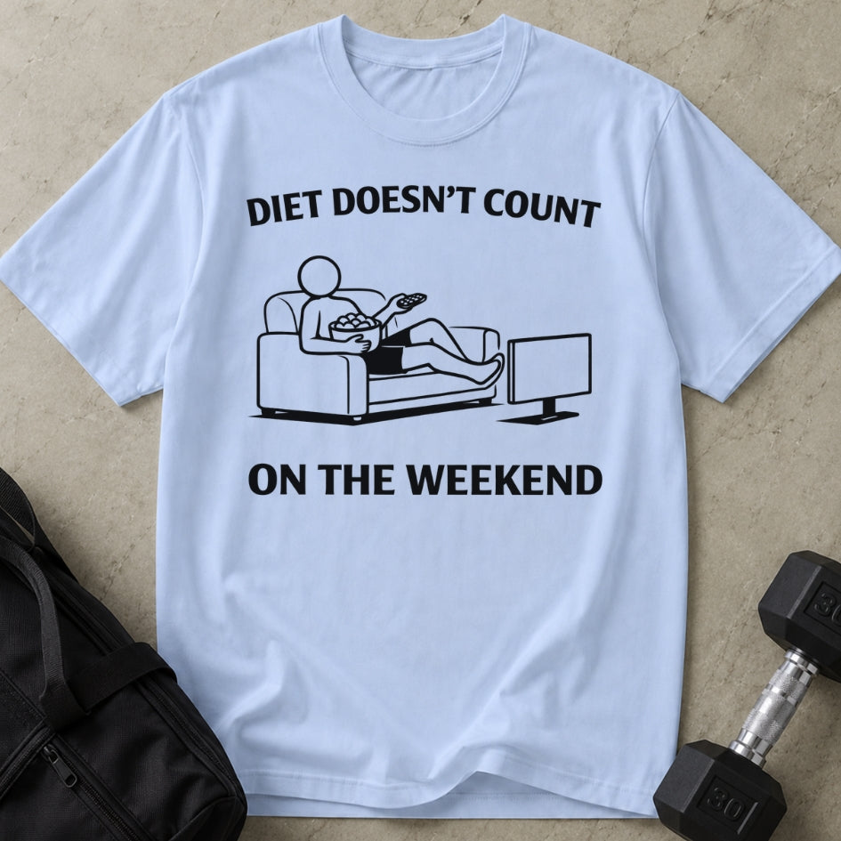 Model wearing the Weekends Don't Count funny gym t-shirt by Lift Society