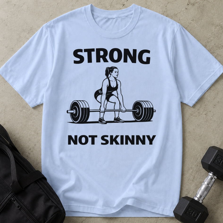 Model wearing the Strong Not Skinny funny gym t-shirt by Lift Society
