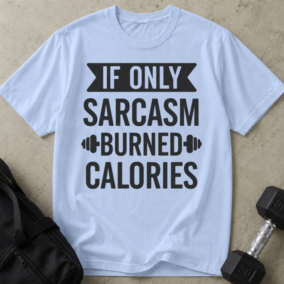 Model wearing the Sarcasm funny gym t-shirt by Lift Society