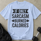 Model wearing the Sarcasm funny gym t-shirt by Lift Society