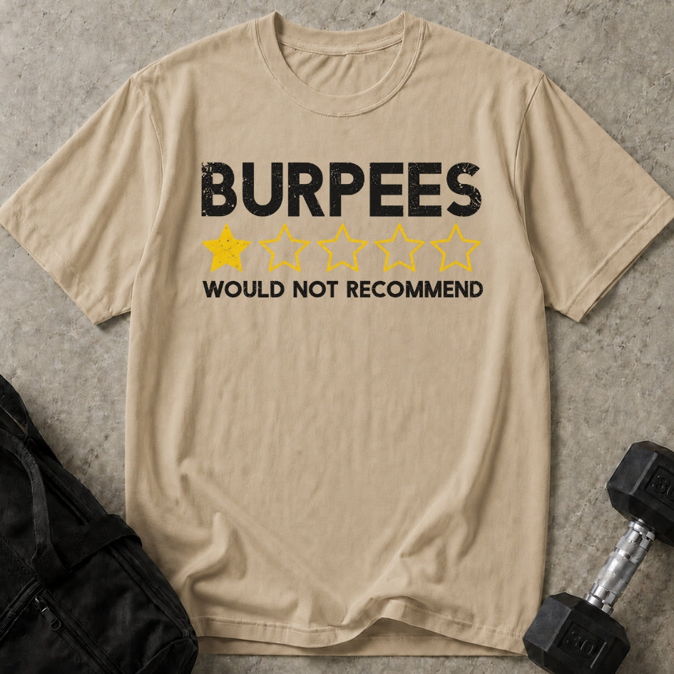 Model wearing the Burpees 1-Star funny gym t-shirt by Lift Society