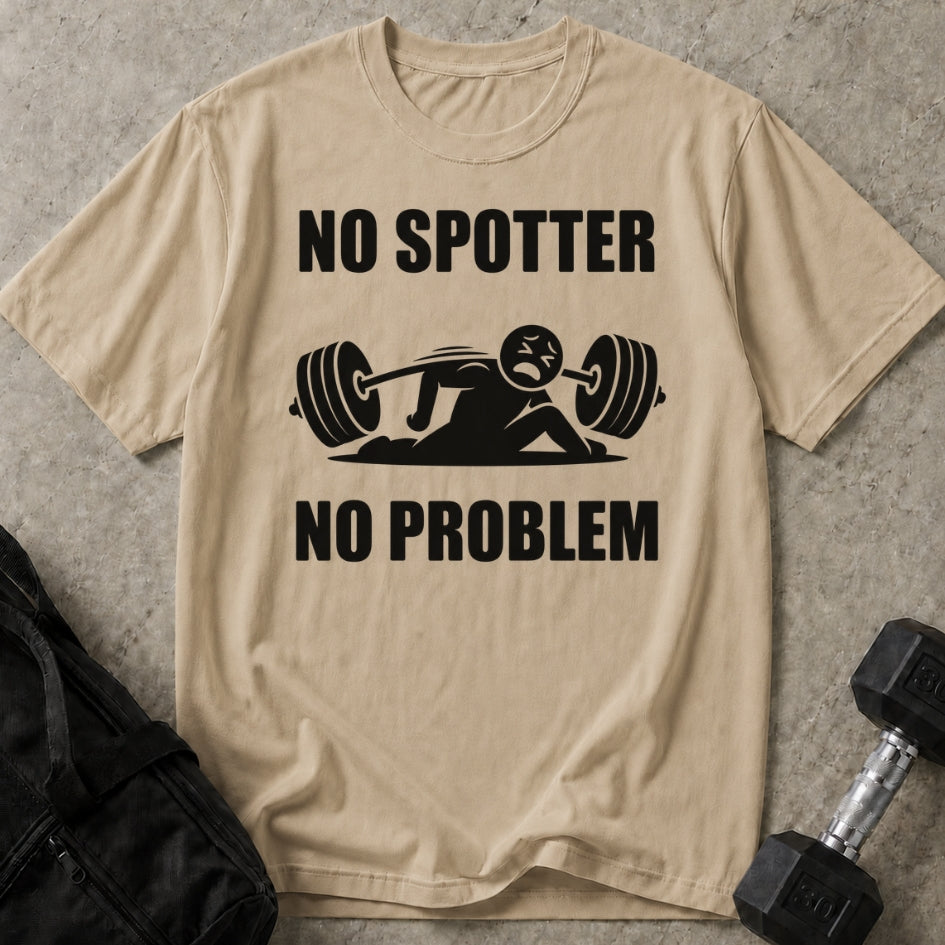 Model wearing the No Spotter No Problem funny gym t-shirt by Lift Society