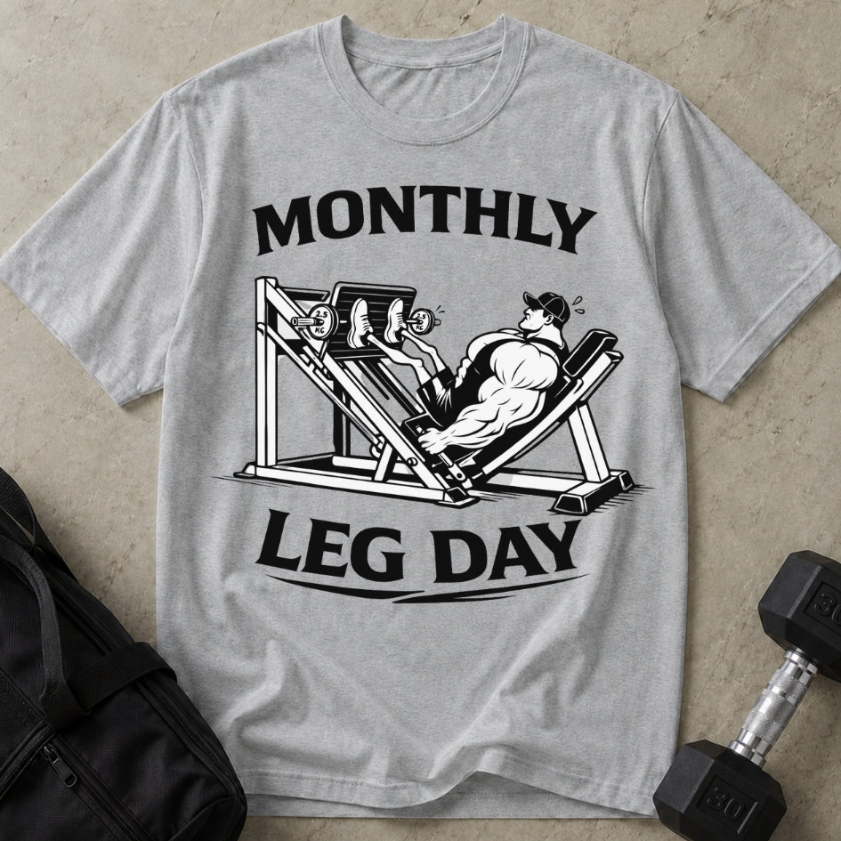 Model wearing the Monthly Leg Day funny gym t-shirt by Lift Society