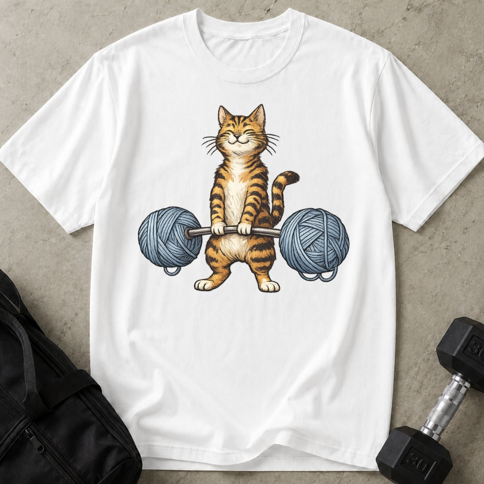 Model wearing the Deadlifting Cat funny gym t-shirt by Lift Society